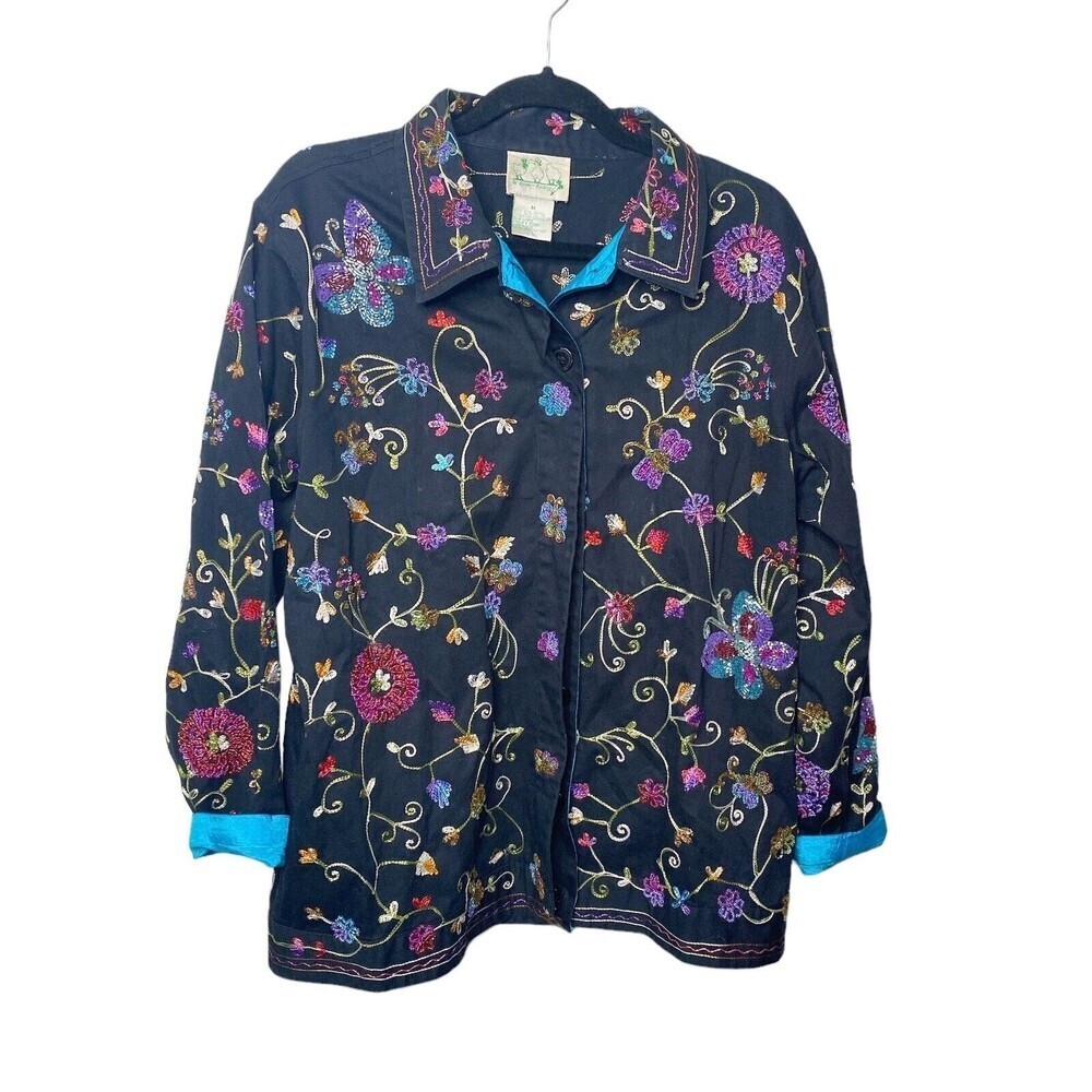 Vtg Quaker Factory Jacket Women Sz M Black Beaded Butterflies Embroidery Flowers - Picture 3 of 9